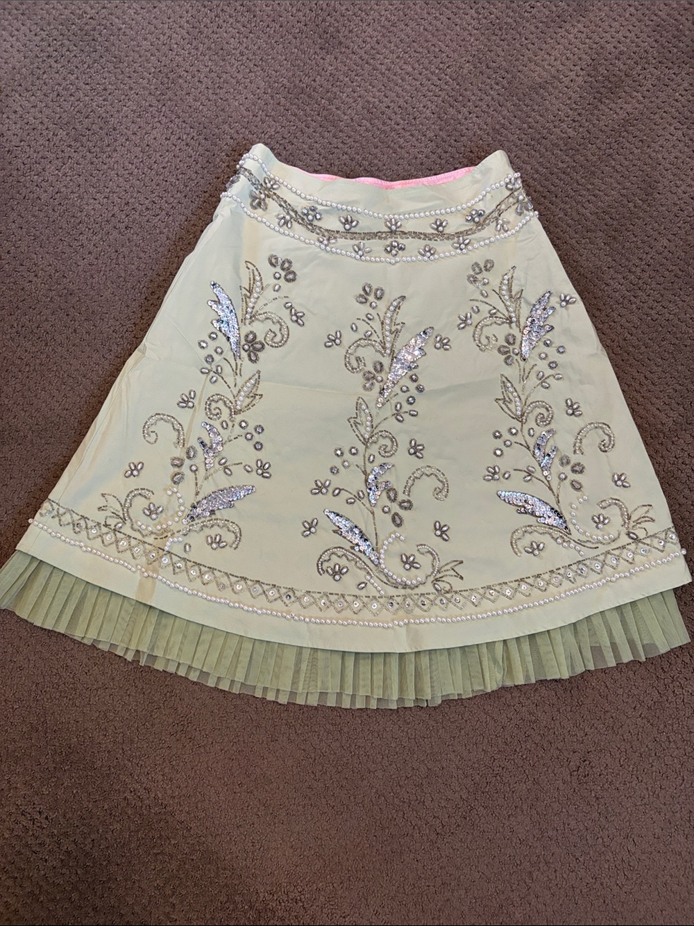Basil & Maude Embellished Light Green A-Line Skirt